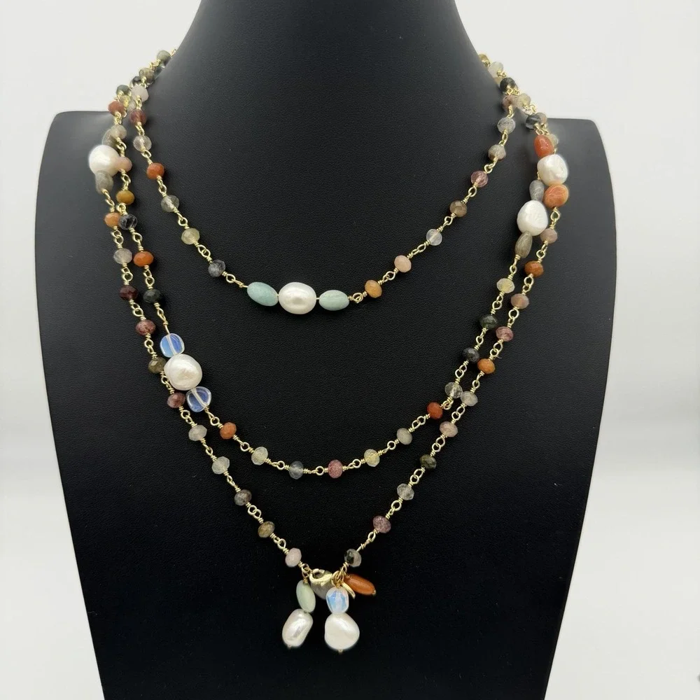 HSN Joya 925 Freshwater Pearl & Gemstone Necklace Flapper 62 Inches Layering‎